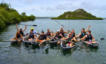 happy tour group doing kayaking eco adventures rock adventures